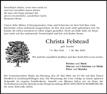 Todesanzeige von Christa Felstead von trauer.de