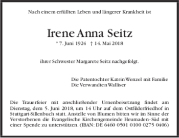 Todesanzeige von Irene Anna Seitz von Trauer.de