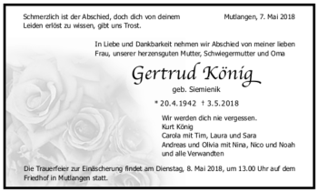 Todesanzeige von Gertrud König von trauer.de