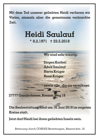 Todesanzeige von Heidi Saulauf von trauer.de