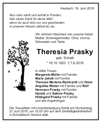 Todesanzeige von Theresia Prasky von trauer.de