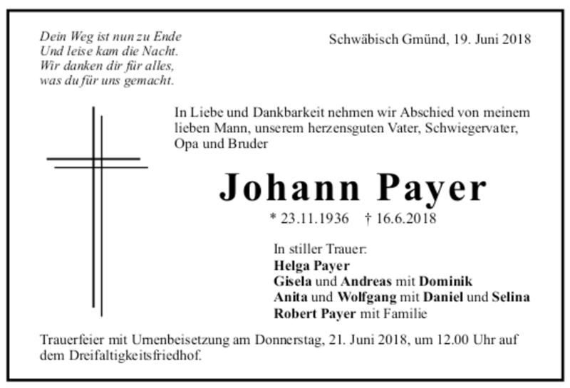  Traueranzeige für Johann Payer vom 19.06.2018 aus trauer.de