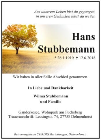 Todesanzeige von Hans Stubbemann von trauer.de