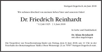 Todesanzeige von Friedrich Reinhardt von trauer.de