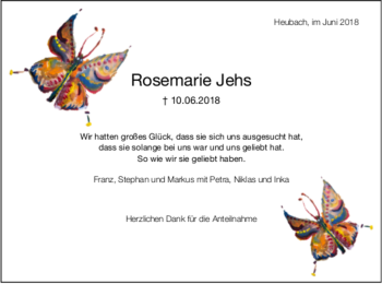 Todesanzeige von Rosemarie Jehs von trauer.de
