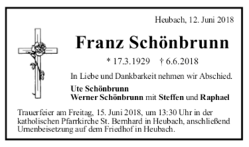 Todesanzeige von Franz Schönbrunn von trauer.de