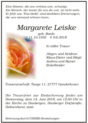 Todesanzeige von Margarete Leiske von trauer.de