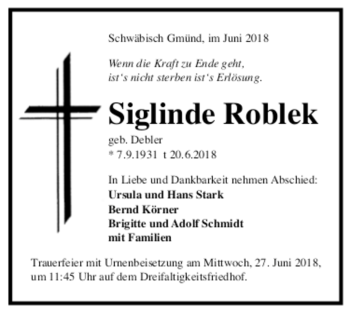 Todesanzeige von Siglinde Roblek von trauer.de