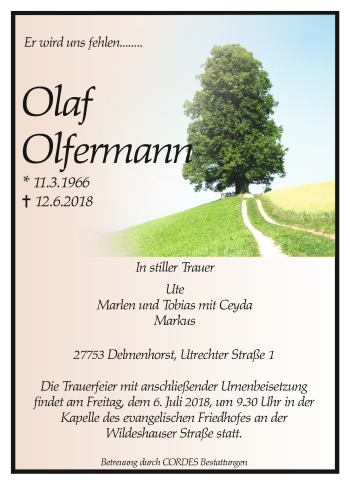 Todesanzeige von Olaf Olfermann von Trauer.de