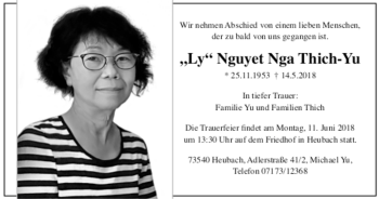 Todesanzeige von Ly Nguyet Nga Thich-Yu von trauer.de