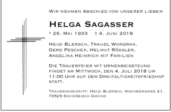 Todesanzeige von Helga Sagasser von trauer.de