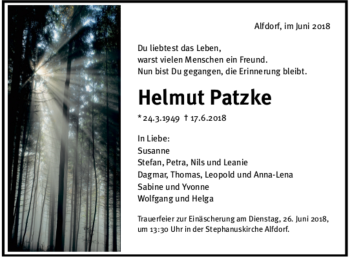Todesanzeige von Helmut Patzke von trauer.de