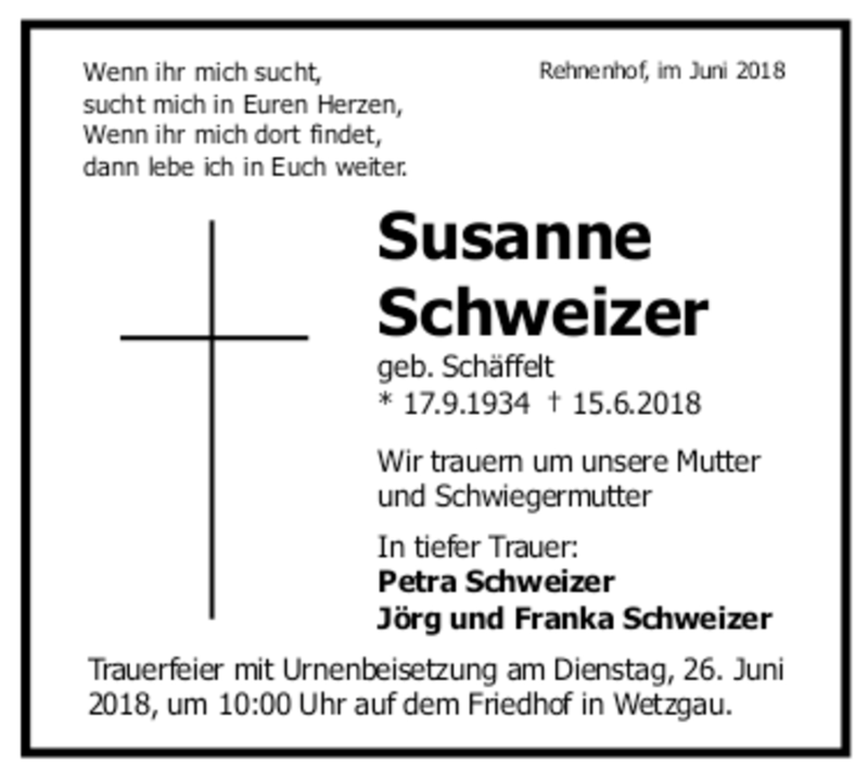  Traueranzeige für Susanne Schweizer vom 19.06.2018 aus trauer.de