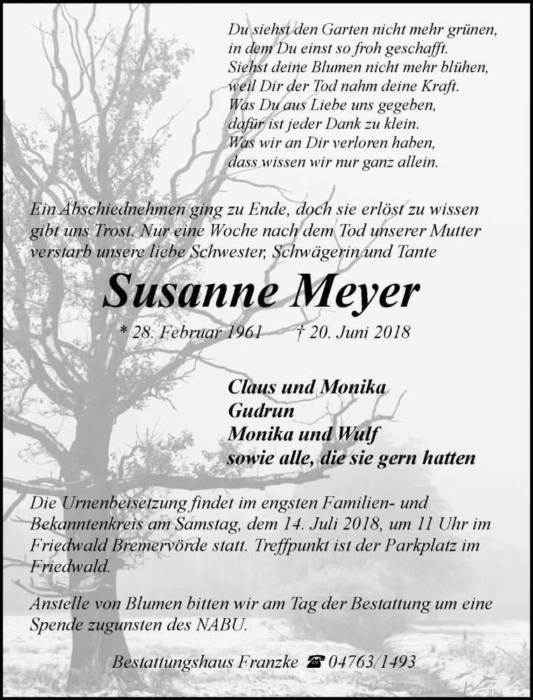  Traueranzeige für Susanne Meyer vom 30.06.2018 aus Trauer.de