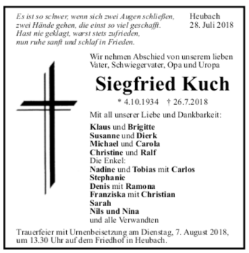Todesanzeige von Siegfried Kuch von trauer.de