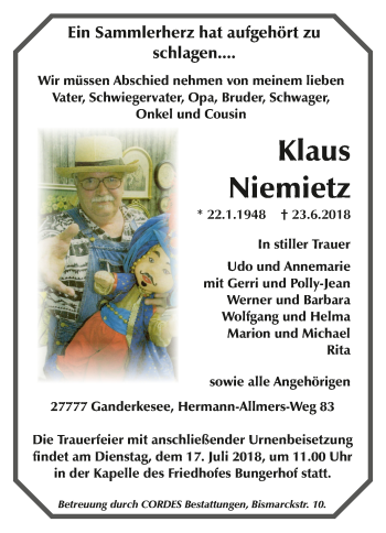 Todesanzeige von Klaus Niemietz von Trauer.de