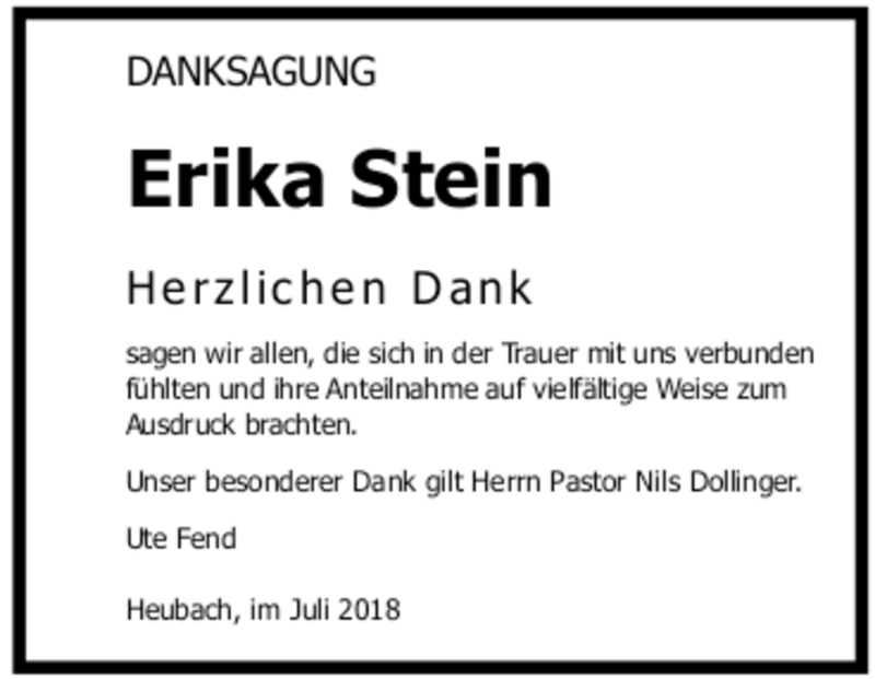  Traueranzeige für Erika Stein vom 16.07.2018 aus trauer.de