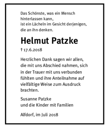 Todesanzeige von Helmut Patzke von trauer.de