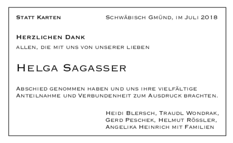  Traueranzeige für Helga Sagasser vom 14.07.2018 aus trauere.de