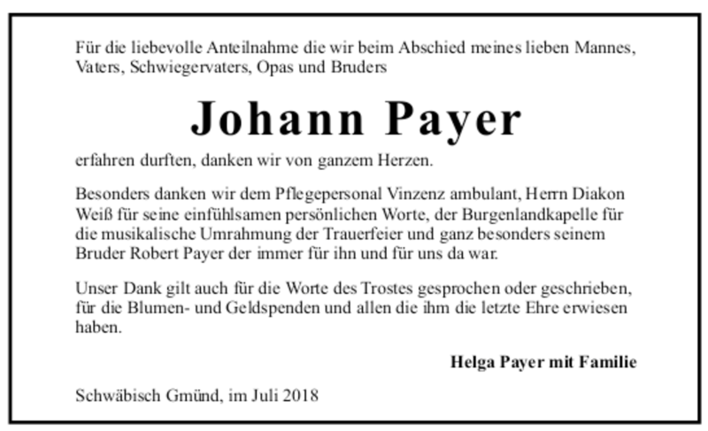  Traueranzeige für Johann Payer vom 05.07.2018 aus trauer.de
