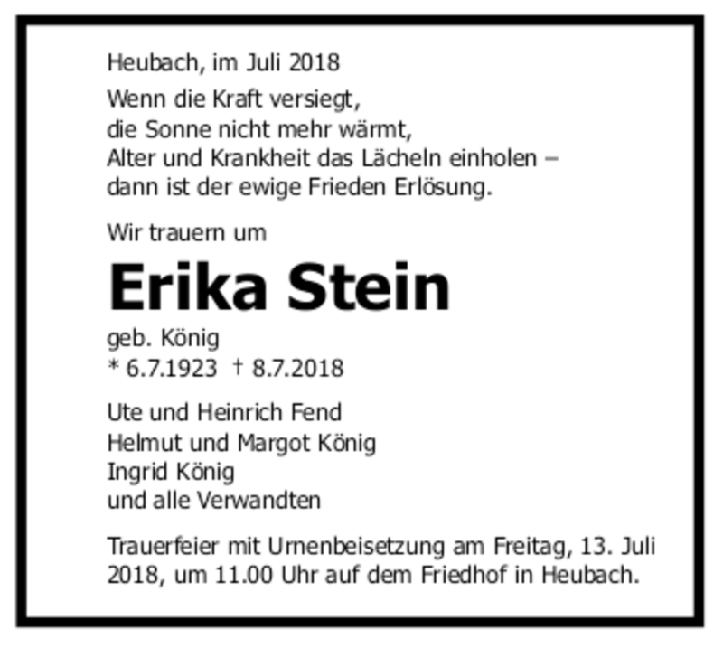  Traueranzeige für Erika Stein vom 10.07.2018 aus trauer.de