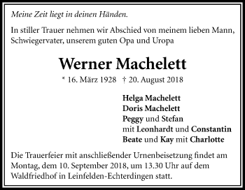 Todesanzeige von Werner Machellet von trauer.de