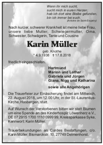 Todesanzeige von Karin Müller von trauer.de