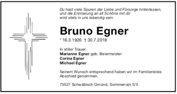 Todesanzeige von Bruno Egner von Trauer.de