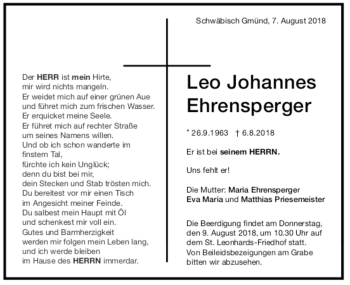 Todesanzeige von Leo Johannes Ehrensperger von trauer.de