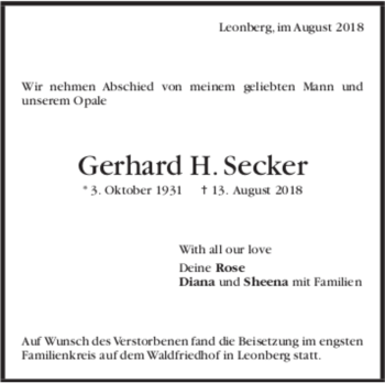 Todesanzeige von Gerhard H. Secker von Trauer.de