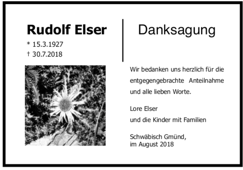  Traueranzeige für Rudolf Elser vom 17.08.2018 aus trauer.de