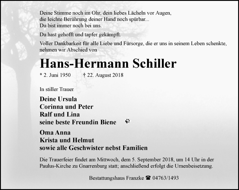  Traueranzeige für Hans-Hermann Schiller vom 25.08.2018 aus Trauer.de