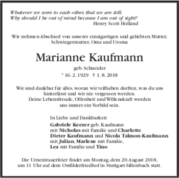 Todesanzeige von Marianne Kaufmann von Trauer.de
