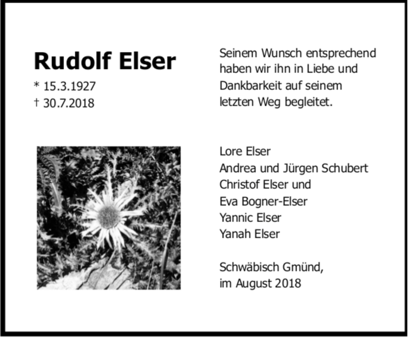  Traueranzeige für Rudolf Elser vom 09.08.2018 aus trauer.de
