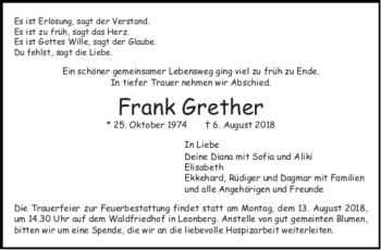 Todesanzeige von Frank Grether von Trauer.de