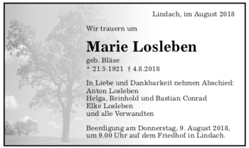 Todesanzeige von Marie Losleben von trauer.de