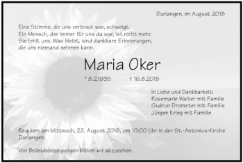 Todesanzeige von Maria Oker von Trauer.de