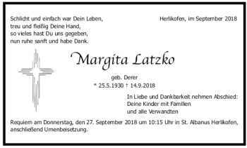 Todesanzeige von Margita Latzko von trauer.de