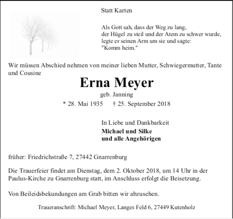  Traueranzeige für Erna Meyer vom 28.09.2018 aus trauer.de