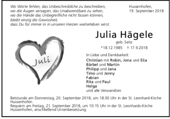 Todesanzeige von Julia Hägele von Trauer.de