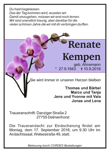 Todesanzeige von Renate Kempen von Trauer.de