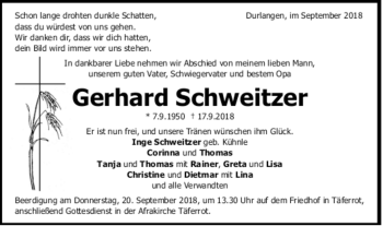 Todesanzeige von Gerhard Schweitzer von Trauer.de