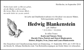 Todesanzeige von Hedwig Blankenstein von Trauer.de