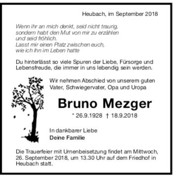 Todesanzeige von Bruno Mezger von trauer.de