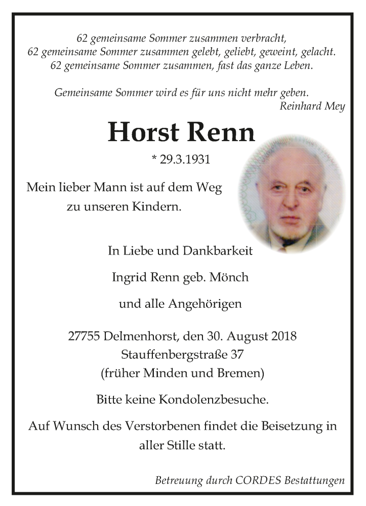  Traueranzeige für Horst Renn vom 01.09.2018 aus trauer.de