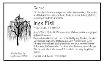 Todesanzeige von Inge Pleli von Trauer.de