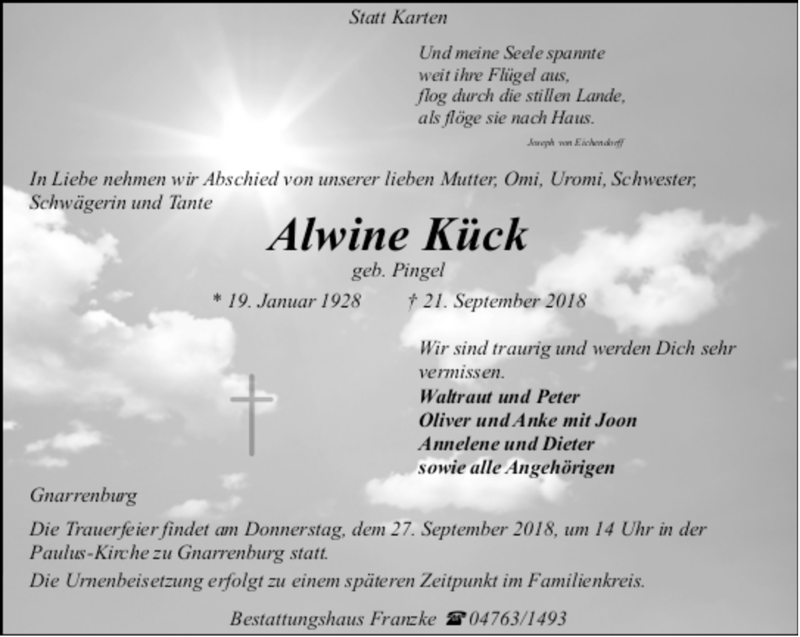  Traueranzeige für Alwine Kück vom 25.09.2018 aus trauer.de
