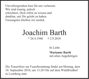 Todesanzeige von Joachim Barth von Trauer.de