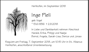 Todesanzeige von Inge Pleli von trauer.de