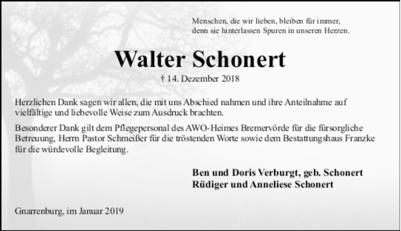  Traueranzeige für Walter Schonert vom 12.01.2019 aus trauer.de